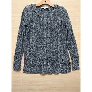 Loft Womens XS Navy Blue White Marled Cable Knit Crewneck Sweater Long Sleeve